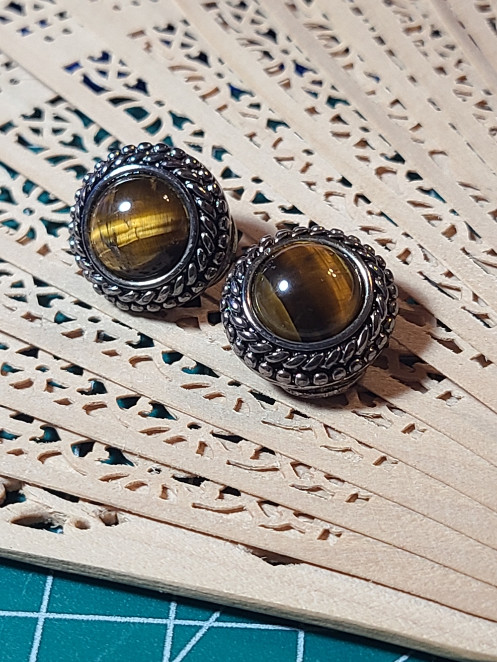 Antique Tiger Eye Cabochon Earrings - Brown and Gold